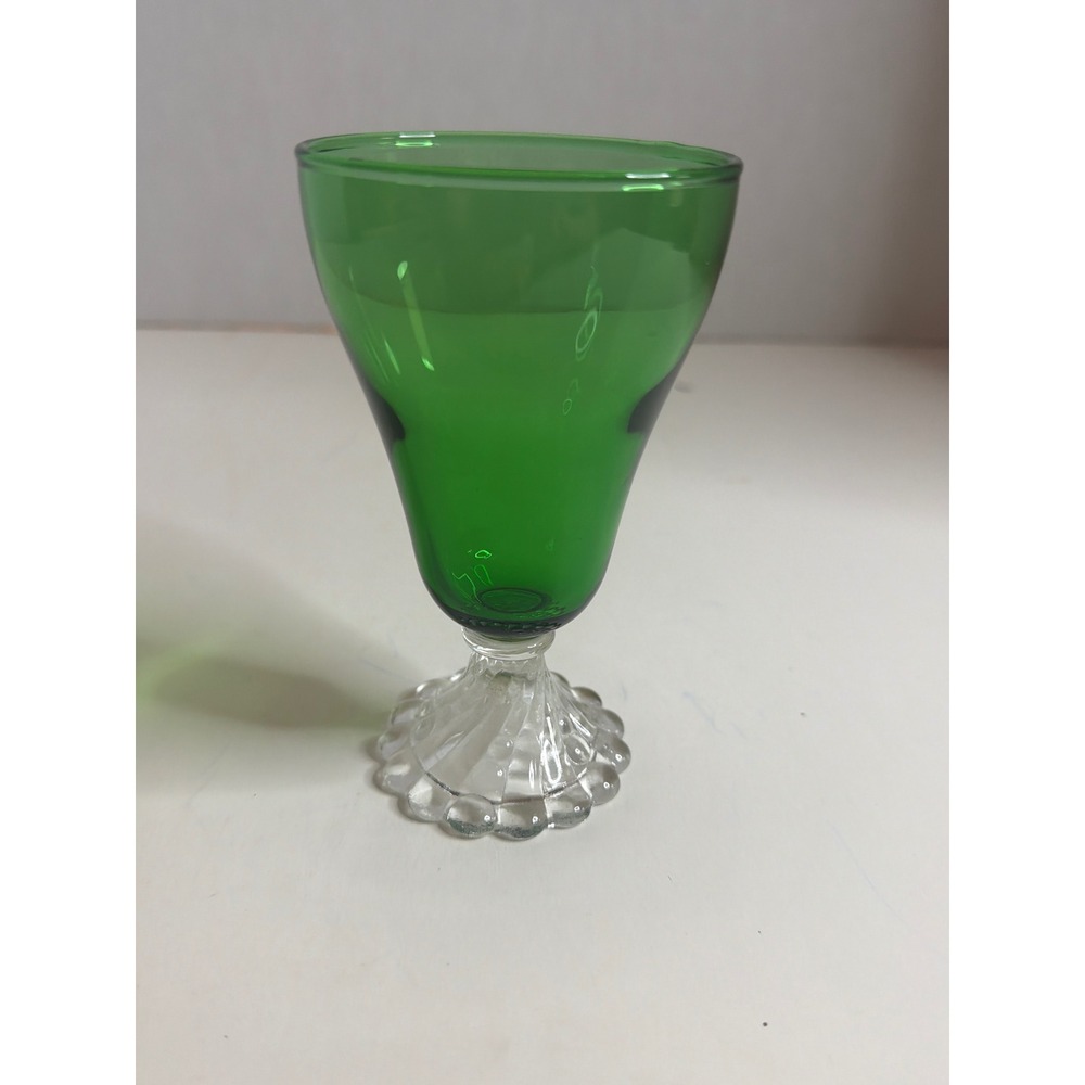 Vintage Emerald Green Blown Glass Goblet Clear Scalloped Pedestal Base Stemware